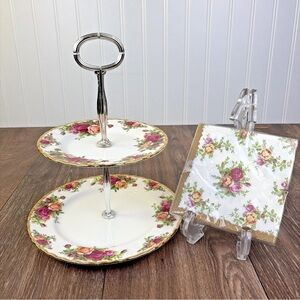 Royal Albert Old Country Roses 2 Tier Cake Tea Plate Stand 1962 & 9x9 Napkins